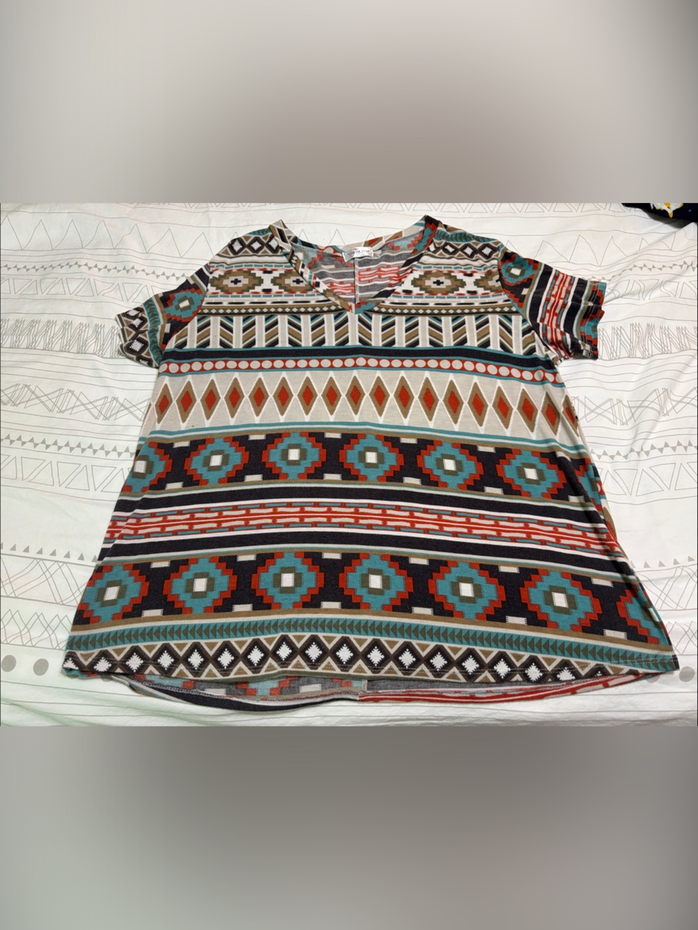 Aztec-Pattern Short Sleeve Tee in Teal & Rust - Women's Casual Top